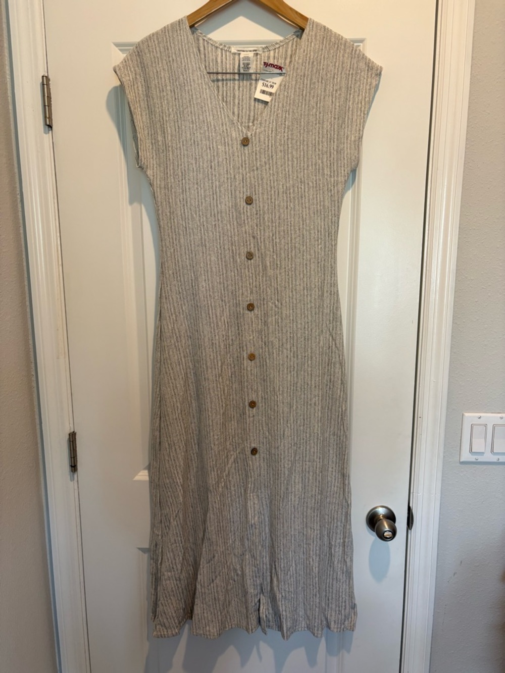 Caution To The Wind Button-Front Midi Dress in Light Gray
